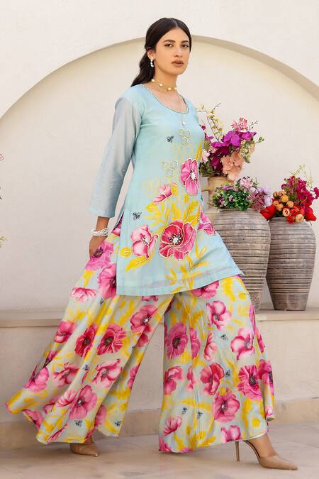 Shop_Chrkha_Green Cotton Satin, Chanderi Silk Sequins, Beads Floral Print Kurta With Sharara _Online_at_Aza_Fashions