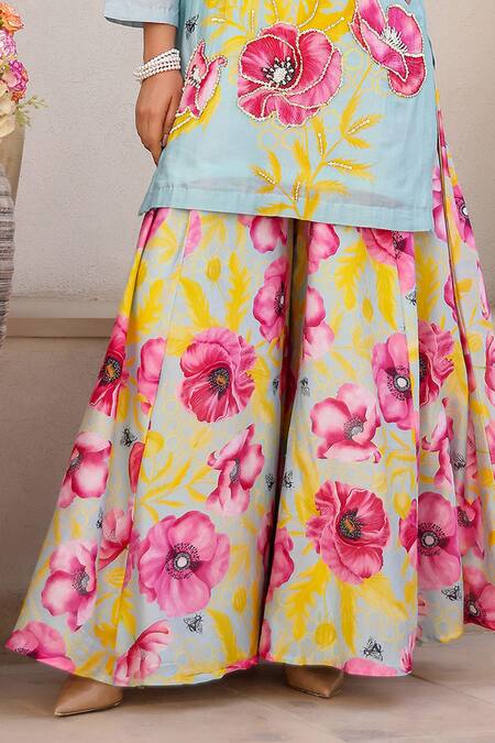 Chrkha Green Cotton Satin, Chanderi Silk Sequins, Beads Floral Print Kurta With Sharara at Aza Fashions Chrkha_Green Cotton Satin, Chanderi Silk Sequins, Beads Floral Print Kurta With Sharara _at_Aza_Fashions