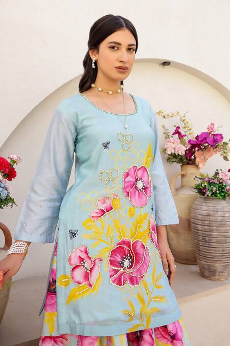 Buy_Chrkha_Green Cotton Satin, Chanderi Silk Sequins, Beads Floral Print Kurta With Sharara 