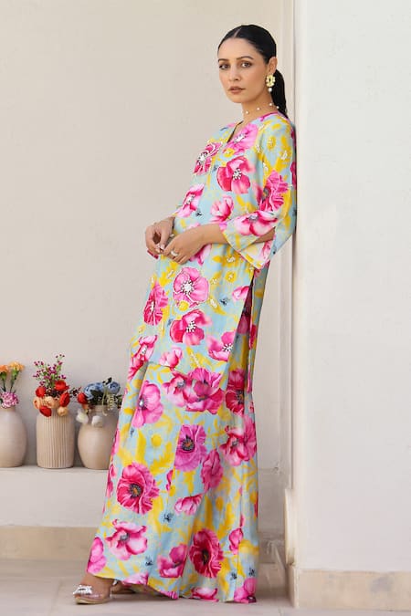 Chrkha Green Cotton Satin, Chanderi Silk Sequins, Beads, Floral Print Kurta Sharara Set Online at Aza Fashions Chrkha_Green Cotton Satin, Chanderi Silk Sequins, Beads, Floral Print Kurta Sharara Set _Online_at_Aza_Fashions