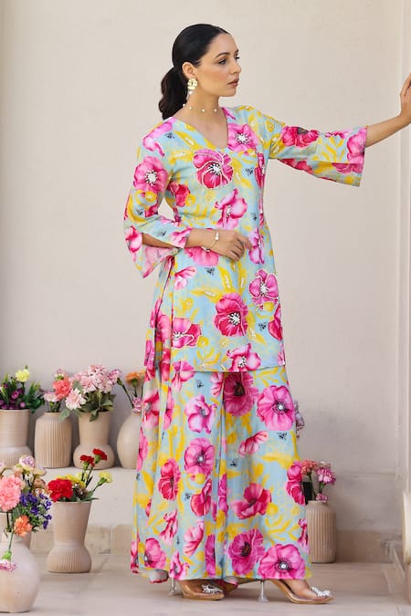 Shop_Chrkha_Green Cotton Satin, Chanderi Silk Sequins, Beads, Floral Print Kurta Sharara Set _Online_at_Aza_Fashions