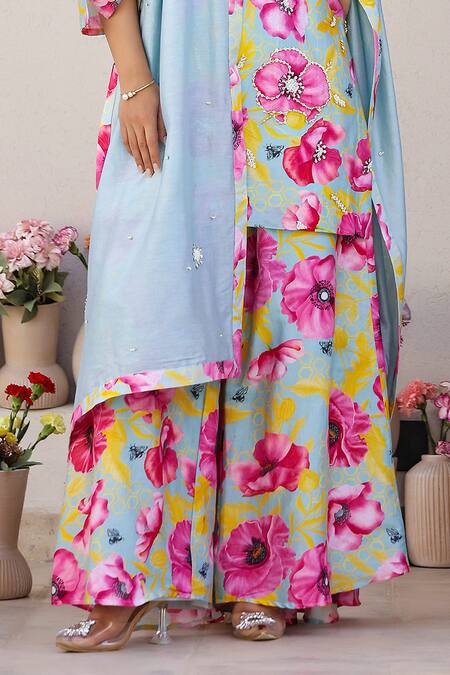 Chrkha Green Cotton Satin, Chanderi Silk Sequins, Beads, Floral Print Kurta Sharara Set at Aza Fashions Chrkha_Green Cotton Satin, Chanderi Silk Sequins, Beads, Floral Print Kurta Sharara Set _at_Aza_Fashions