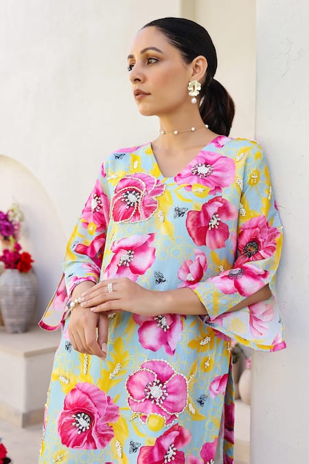 Buy_Chrkha_Green Cotton Satin, Chanderi Silk Sequins, Beads, Floral Print Kurta Sharara Set 