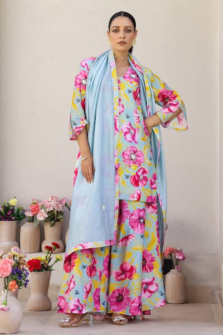 Chrkha Floral Print Kurta Sharara Set 