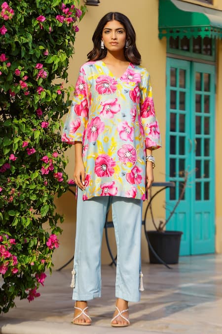 Shop_Chrkha_Green Cotton Satin, Chanderi Silk, Linen Beads, Floral Print Kurta Pant Set _Online_at_Aza_Fashions