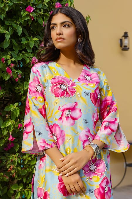 Buy_Chrkha_Green Cotton Satin, Chanderi Silk, Linen Beads, Floral Print Kurta Pant Set 