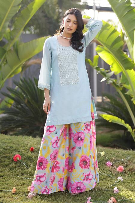 Chrkha_Green Chanderi Silk, Linen Embroidery, Sequins, Honeycomb Kurta Sharara Set _Online_at_Aza_Fashions