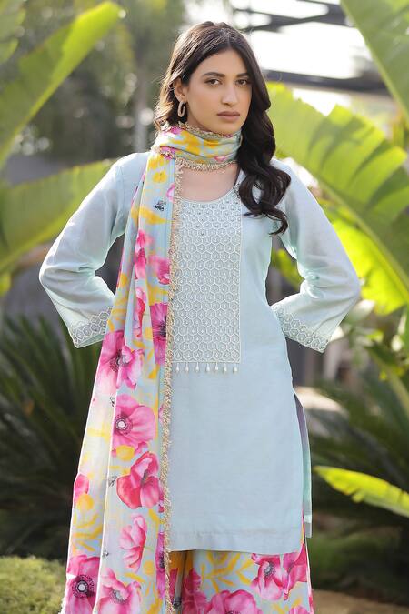 Chrkha_Green Chanderi Silk, Linen Embroidery, Sequins, Honeycomb Kurta Sharara Set _at_Aza_Fashions