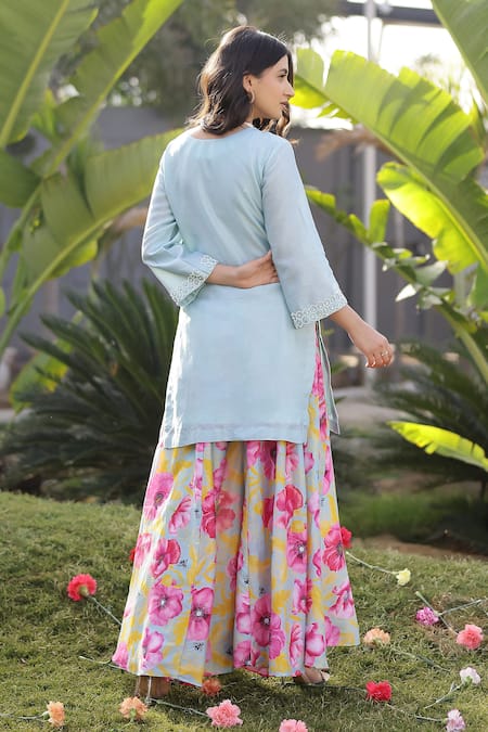 Shop_Chrkha_Green Chanderi Silk, Linen Embroidery, Sequins, Honeycomb Kurta Sharara Set _at_Aza_Fashions