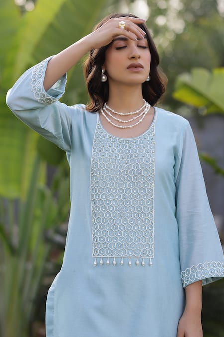 Buy_Chrkha_Green Cotton Satin, Chanderi Silk, Linen Sequins, Honeycomb Kurta Pant Set 