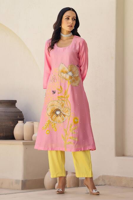 Buy_Chrkha_Pink Cotton Satin, Chanderi Silk Beads, Floral Honeycomb Print Kurta Pant Set _Online_at_Aza_Fashions