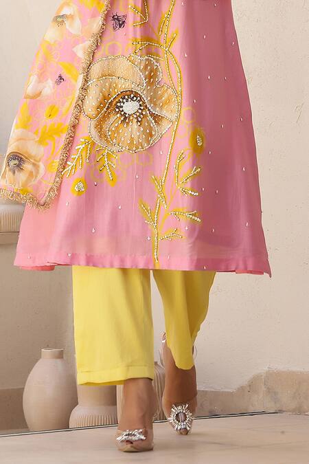 Buy_Chrkha_Pink Cotton Satin, Chanderi Silk Beads, Floral Honeycomb Print Kurta Pant Set 