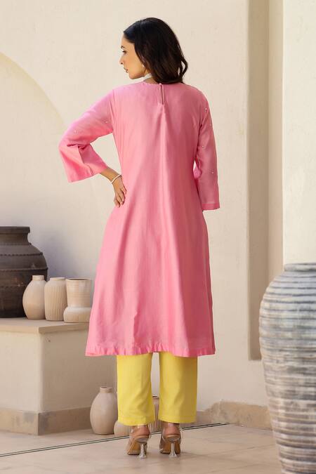 Shop_Chrkha_Pink Cotton Satin, Chanderi Silk Beads, Floral Honeycomb Print Kurta Pant Set _at_Aza_Fashions