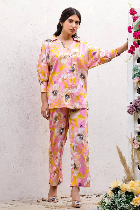 Chrkha_Pink Cotton Satin Printed Floral Shirt Collar With Pant _Online_at_Aza_Fashions