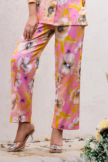 Shop Chrkha Pink Cotton Satin Printed Floral Shirt Collar With Pant Online at Aza Fashions Shop_Chrkha_Pink Cotton Satin Printed Floral Shirt Collar With Pant _Online_at_Aza_Fashions