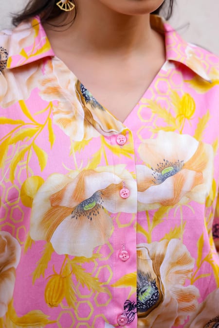 Chrkha_Pink Cotton Satin Printed Floral Shirt Collar With Pant _at_Aza_Fashions