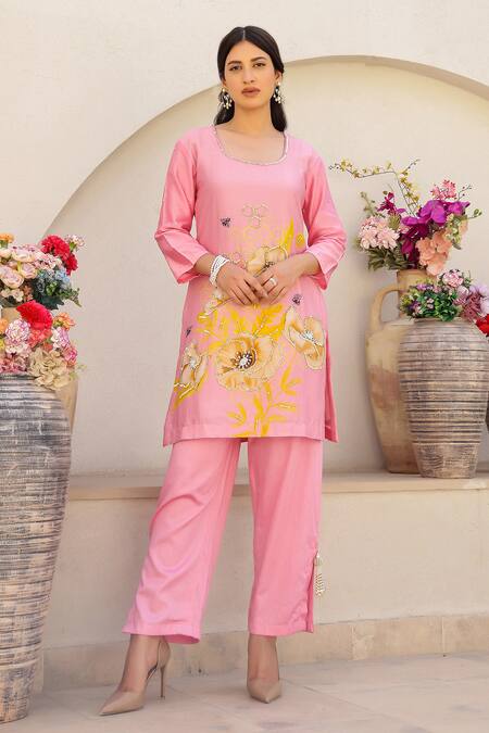 Chrkha_Pink Cotton Satin, Chanderi Silk Beads, Sequins, Floral Print Kurta Pant Set _Online_at_Aza_Fashions
