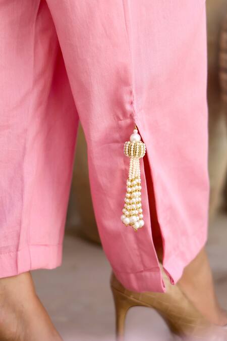 Shop_Chrkha_Pink Cotton Satin, Chanderi Silk Beads, Sequins, Floral Print Kurta Pant Set _Online_at_Aza_Fashions