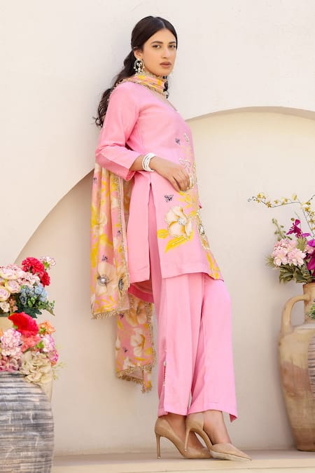 Chrkha_Pink Cotton Satin, Chanderi Silk Beads, Sequins, Floral Print Kurta Pant Set _at_Aza_Fashions