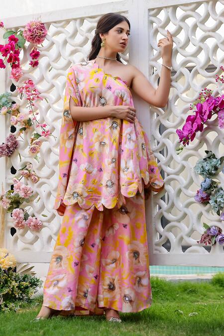 Chrkha_Pink Chanderi Silk Printed Floral One Shoulder Kaftan With Pant _Online_at_Aza_Fashions