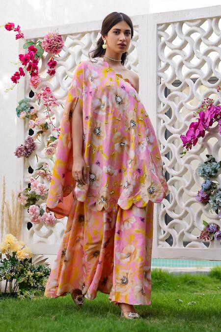 Shop_Chrkha_Pink Chanderi Silk Printed Floral One Shoulder Kaftan With Pant _Online_at_Aza_Fashions