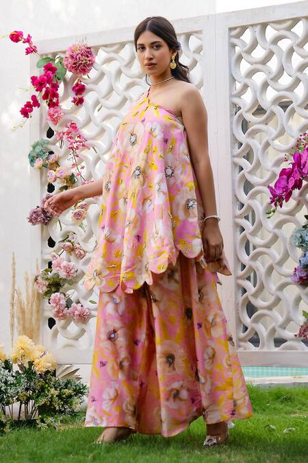 Chrkha_Pink Chanderi Silk Printed Floral One Shoulder Kaftan With Pant _at_Aza_Fashions
