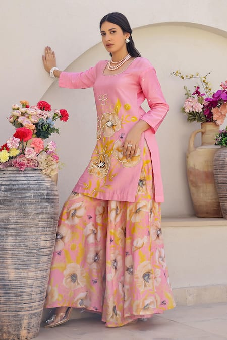 Chrkha_Pink Cotton Satin, Chanderi Silk Sequins, Beads, Floral Print Kurta Sharara Set _Online_at_Aza_Fashions