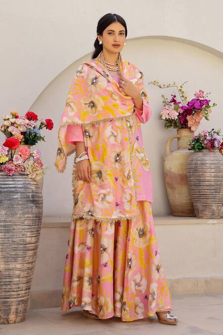 Shop_Chrkha_Pink Cotton Satin, Chanderi Silk Sequins, Beads, Floral Print Kurta Sharara Set _Online_at_Aza_Fashions