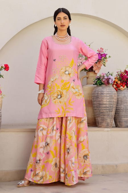 Chrkha_Pink Cotton Satin, Chanderi Silk Sequins, Beads, Floral Print Kurta Sharara Set _at_Aza_Fashions