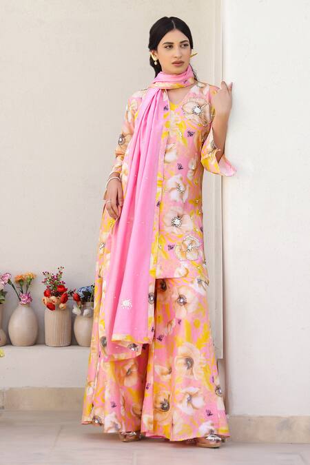 Chrkha_Pink Cotton Satin, Chanderi Silk Sequins, Embellished Printed Kurta Sharara Set _Online_at_Aza_Fashions