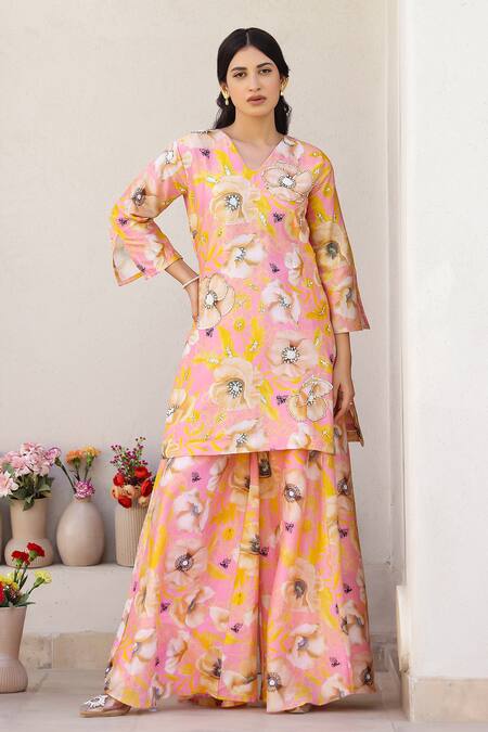 Buy_Chrkha_Pink Cotton Satin, Chanderi Silk Sequins, Embellished Printed Kurta Sharara Set _Online_at_Aza_Fashions