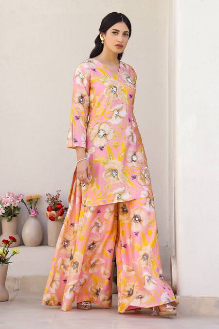 Shop_Chrkha_Pink Cotton Satin, Chanderi Silk Sequins, Embellished Printed Kurta Sharara Set _Online_at_Aza_Fashions