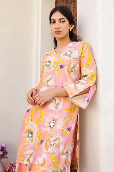 Chrkha_Pink Cotton Satin, Chanderi Silk Sequins, Embellished Printed Kurta Sharara Set _at_Aza_Fashions