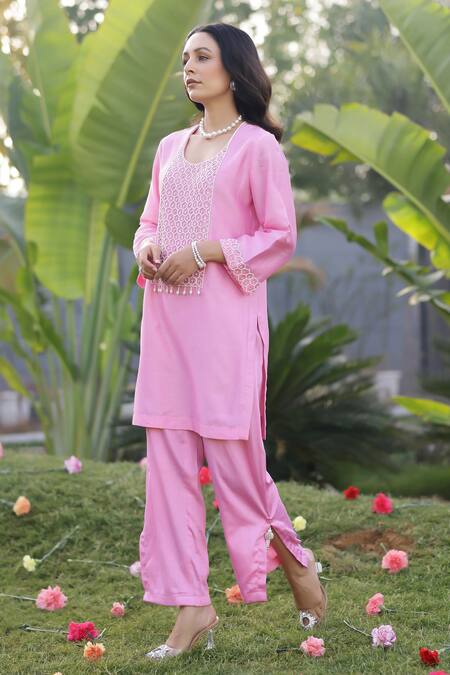Chrkha_Pink Cotton Satin, Chanderi Silk Beads, Sequins Honeycomb Embroidered Kurta Set _Online_at_Aza_Fashions