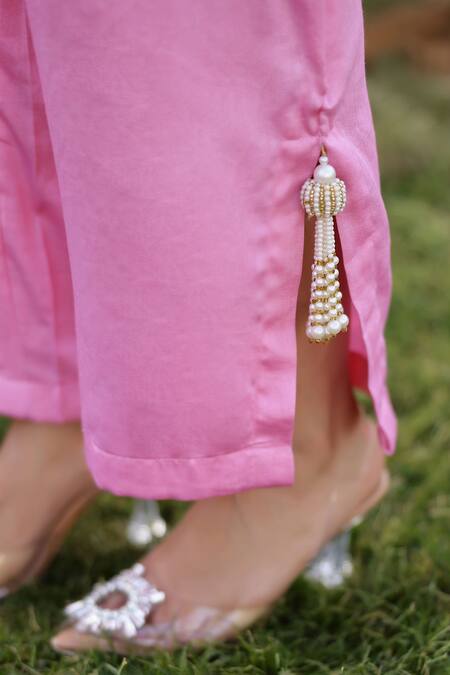 Shop_Chrkha_Pink Cotton Satin, Chanderi Silk Beads, Sequins Honeycomb Embroidered Kurta Set _Online_at_Aza_Fashions