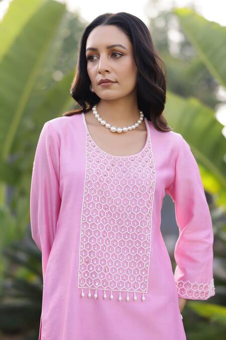 Chrkha_Pink Cotton Satin, Chanderi Silk Beads, Sequins Honeycomb Embroidered Kurta Set _at_Aza_Fashions
