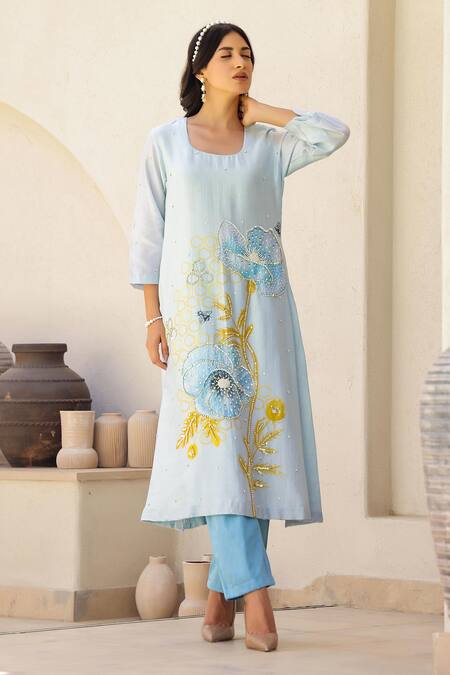 Chrkha_Blue Cotton Satin, Chanderi Silk Floral Print Embroidered Kurta Pant Set _Online_at_Aza_Fashions
