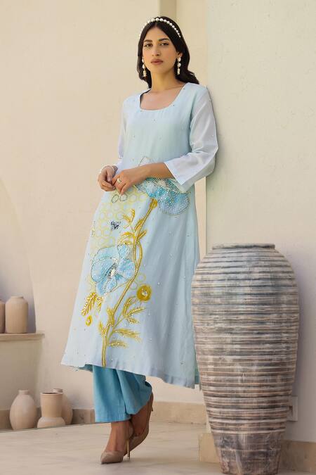 Buy_Chrkha_Blue Cotton Satin, Chanderi Silk Floral Print Embroidered Kurta Pant Set _Online_at_Aza_Fashions