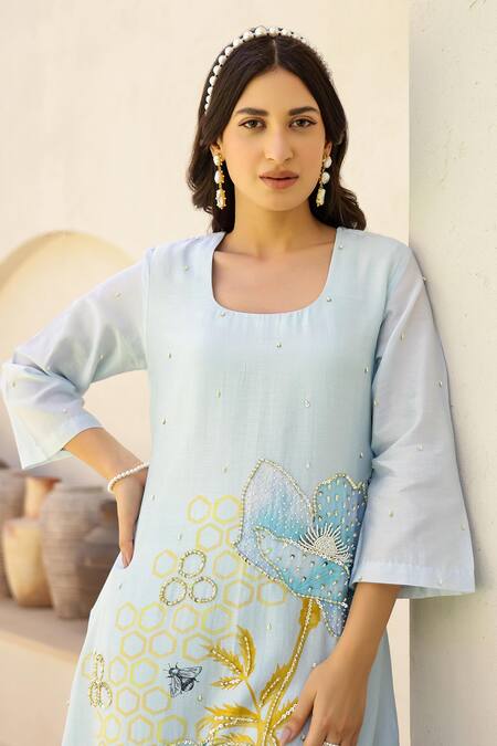 Shop_Chrkha_Blue Cotton Satin, Chanderi Silk Floral Print Embroidered Kurta Pant Set _Online_at_Aza_Fashions