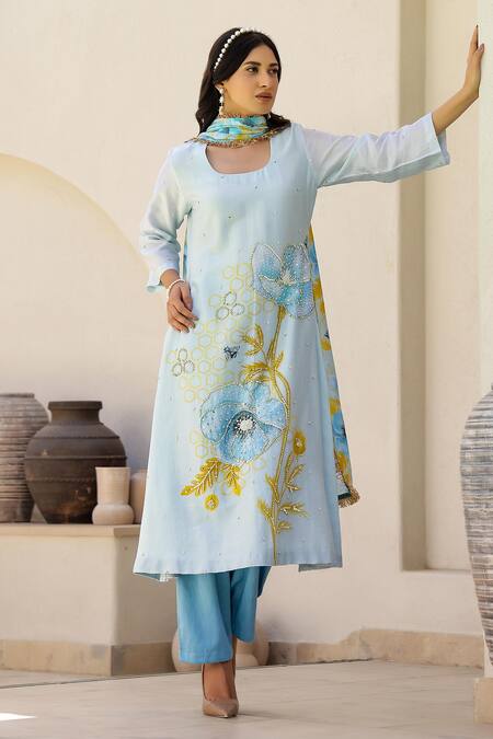 Chrkha_Blue Cotton Satin, Chanderi Silk Floral Print Embroidered Kurta Pant Set _at_Aza_Fashions