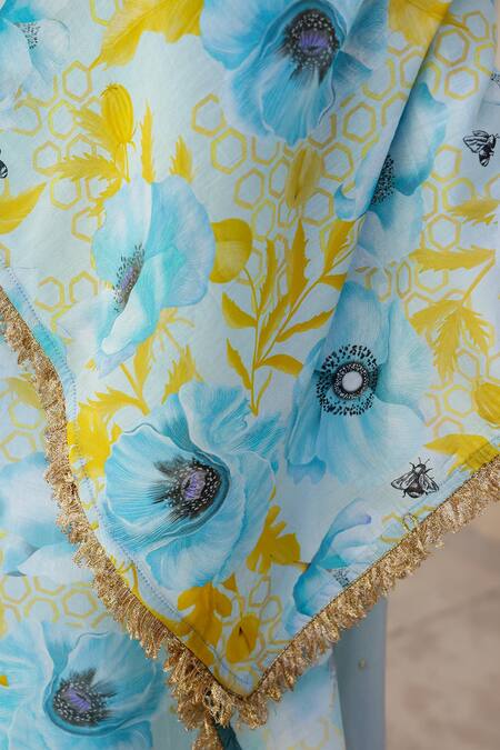 Buy_Chrkha_Blue Cotton Satin, Chanderi Silk Floral Print Embroidered Kurta Pant Set 