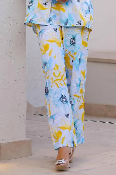 Chrkha Blue Cotton Satin Printed Floral Collared V Shirt And Pant Set Online at Aza Fashions Chrkha_Blue Cotton Satin Printed Floral Collared V Shirt And Pant Set _Online_at_Aza_Fashions