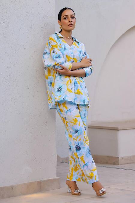 Shop_Chrkha_Blue Cotton Satin Printed Floral Collared V Shirt And Pant Set _Online_at_Aza_Fashions