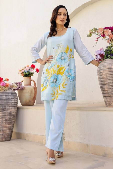 Chrkha_Blue Satin, Beads, Sequins, Floral Print Kurta Slit Pant Set _Online_at_Aza_Fashions