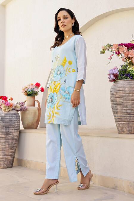 Buy_Chrkha_Blue Satin, Beads, Sequins, Floral Print Kurta Slit Pant Set _Online_at_Aza_Fashions