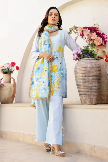 Chrkha Floral Print Embroidered Kurta Slit Pant Set 