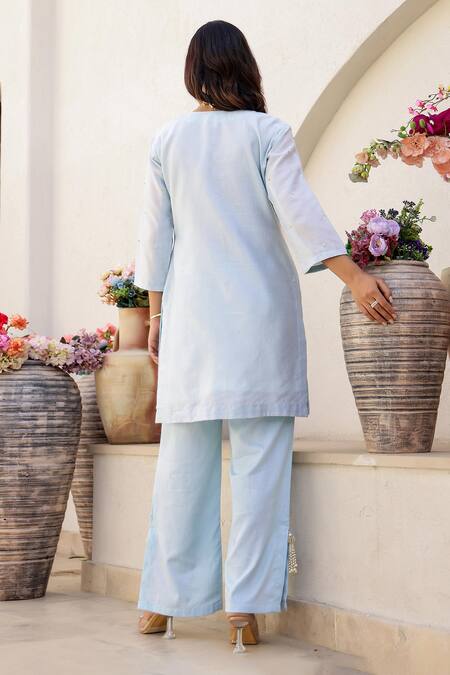 Shop_Chrkha_Blue Satin, Beads, Sequins, Floral Print Kurta Slit Pant Set _at_Aza_Fashions