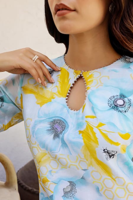 Shop_Chrkha_Blue Chanderi Silk, Linen Embroidery, Sequins, Floral Print Kurta Pant Set _Online_at_Aza_Fashions