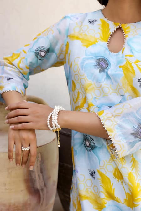 Chrkha_Blue Chanderi Silk, Linen Embroidery, Sequins, Floral Print Kurta Pant Set _at_Aza_Fashions