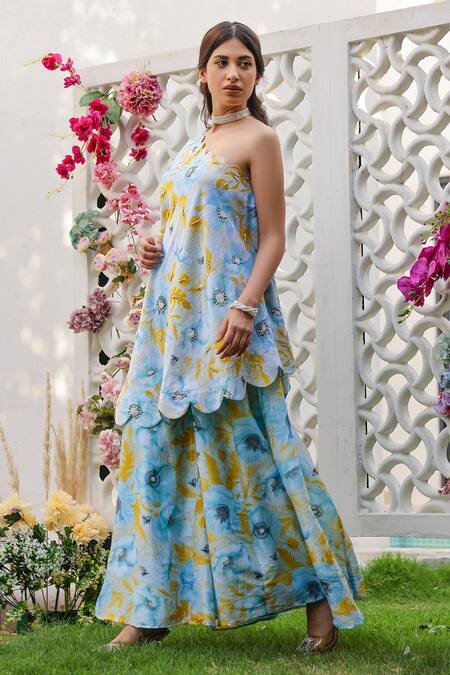 Chrkha_Blue Chanderi Silk Printed Floral Asymmetric Kaftan And Flared Pant Set _Online_at_Aza_Fashions